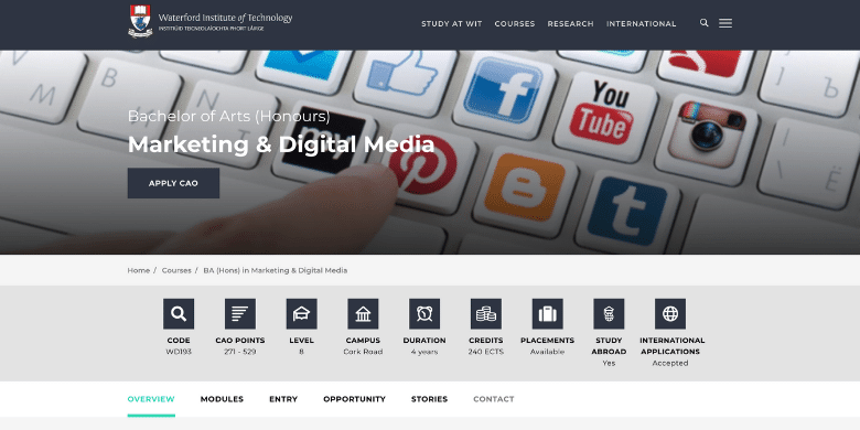 (WIT) Waterford Institute of Technology  - BA in Marketing & Digital Media